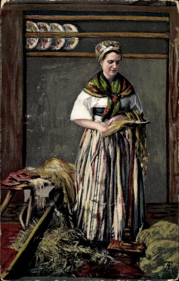Artist Postcard Silesian peasant woman in traditional costume, panting flax
