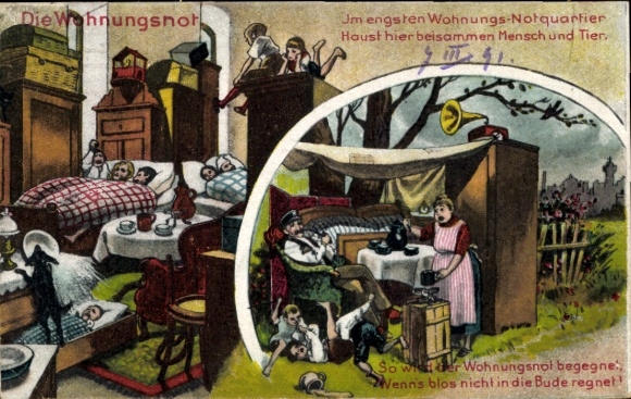 Postcard The housing shortage, emergency accommodation, humans and animals live together here, gramophone