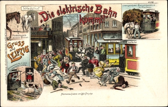 Chromo-Litho Braunschweig in Lower Saxony, the electric train is coming, tram, traffic accident