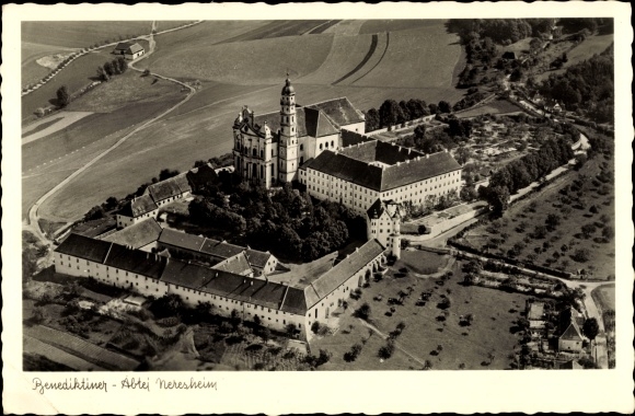 Postcard Neresheim in Württemberg, aerial photo of the Benedictine Abbey