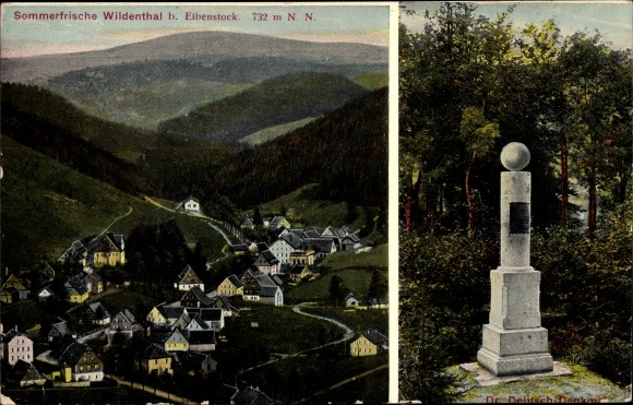 Postcard Wildenthal Eibenstock in the Ore Mountains, Dr. Delitsch monument, total view