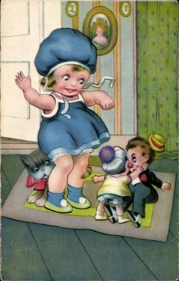 Artist Postcard Accurate Defense, Two Dolls Fighting, Cheering Girl, Amag 0234