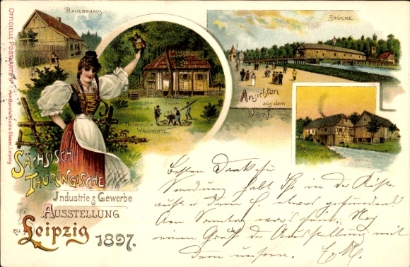 lito Lipsk, Saksonia. Turyngia. Wystawa przemysłowo-handlowa 1897, strój ludowy, most, gospodarstwo rolne