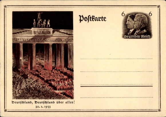 Ganzsachen Ak Berlin, Deutschland über alles, Aufmarsch 30. Januar 1933, Brandenburger Tor