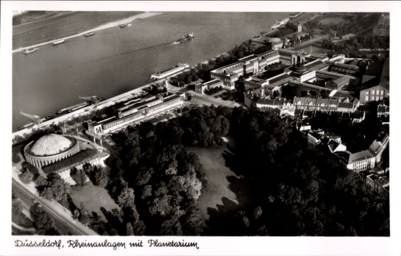 Postcard Düsseldorf am Rhein, aerial photograph, Rhine facilities, planetarium