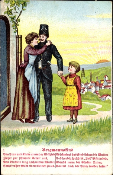 Embossed song Postcard Bergmannskind, He bids farewell to his wife and children.