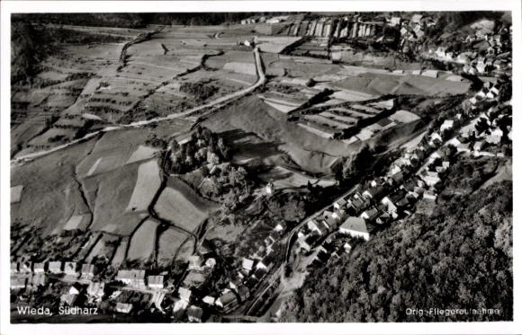 Ak Wickerode Südharz, luchtfoto van Wieda, velden, huizen, bos