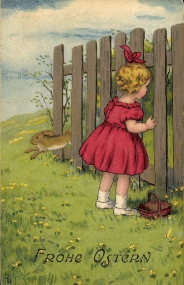 Artist Postcard Döring, Lia, Happy Easter, girl looking through a fence, rabbit