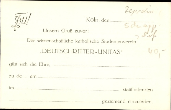 Photo Cologne on the Rhine, zeppelin over the city, invitation of the German Knights Unita