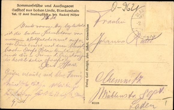 Postcard Blankenhain Crimmitschau in Saxony, Gasthof zur Hohen Linde