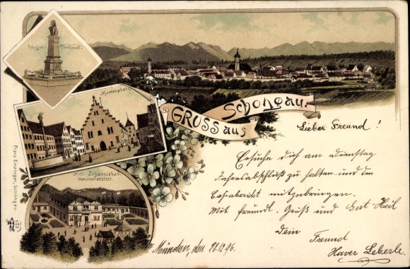 litho Schongau in Opper-Beieren, Marienplatz, oorlogsmonument, Hotel Johannisbad Naturheilanstalt