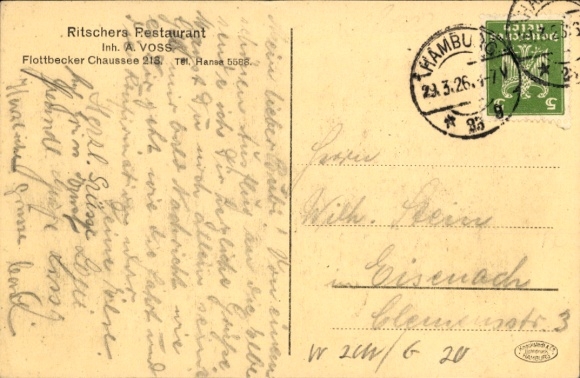 Postcard Hamburg Altona Flottbek, Ritschers Restaurant, A. Voss, Flottbeker Chaussee 213
