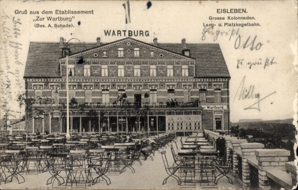 Postcard Lutherstadt Eisleben, Etablissement Zur Wartburg, large colonnades, bowling alley