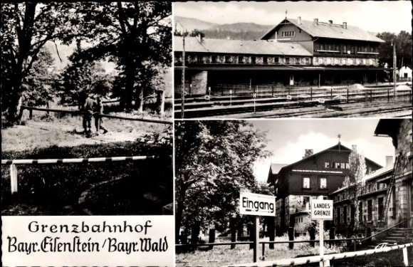 Ak Bayerisch Eisenstein in Niederbayern, Grenzbahnhof, Landesgrenze, Schranke