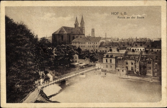 Postcard Hof in Bavaria Upper Franconia, part of the Saale, bridge