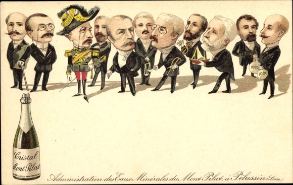 Chromo-Litho Pelussin Loire, Cristal Mont Pilat, Administration des Eaux Minerales, men, advertising