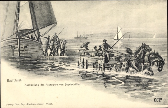 Postcard North Sea resort Juist in East Frisia, disembarkation of passengers from sailing ships