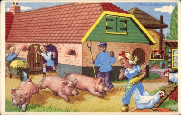 Artist Postcard Farm, Pigs, Chickens