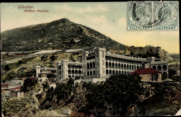 Postkaart Gibraltar, militair ziekenhuis, bergen, postzegel