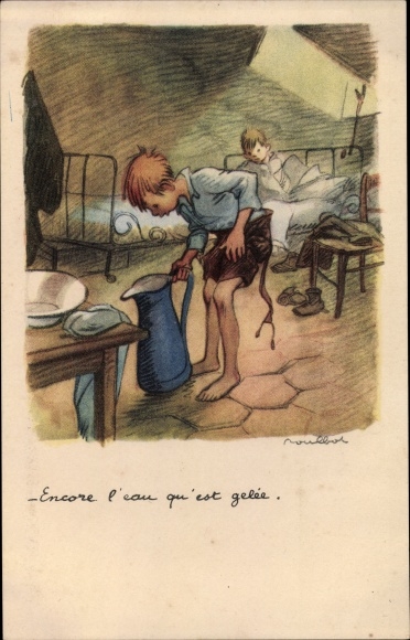 Artist Postcard Poulbot, Francisque, Still the water that is frozen, weapon Jungen in kalter Stube