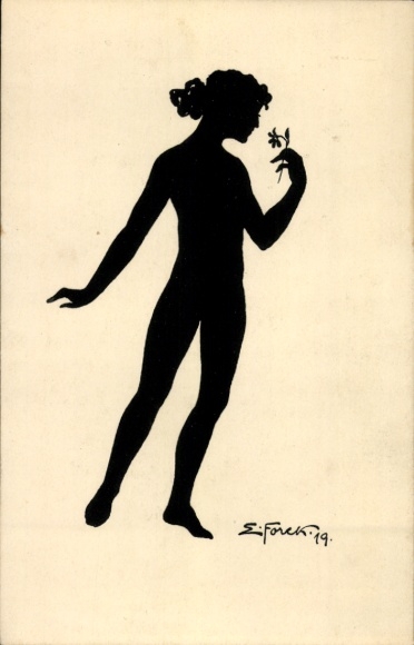 Paper cutting artist Postcard Forck, E., Young woman smelling flower