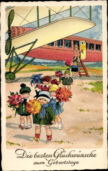 Postcard congratulations birthday, children, bouquets, airplane