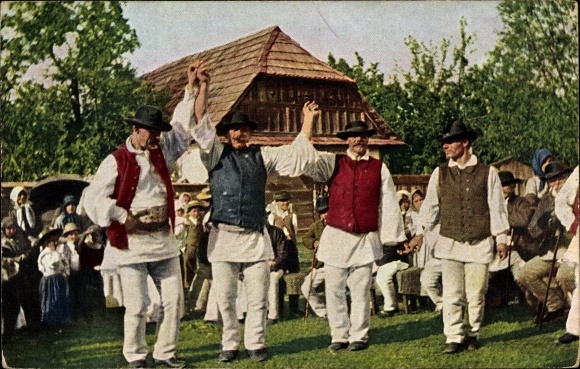 Postcard Balkans, dancing farmers, costumes
