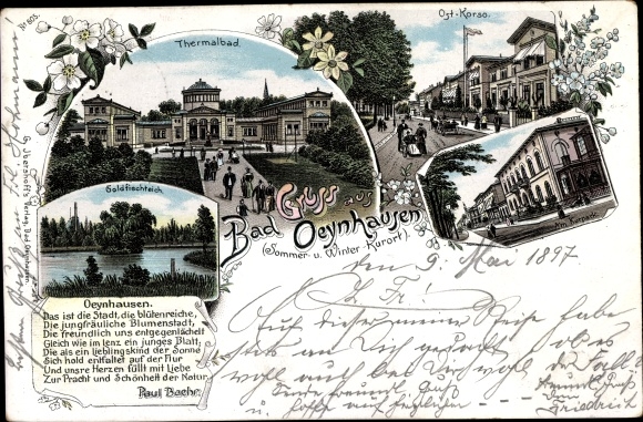 Litho Bad Oeynhausen in Westfalen, Goldfischteich, Thermalbad, Ost-Korso, Gedicht