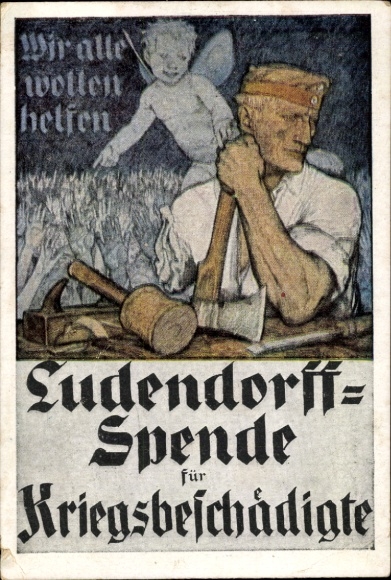 Artist Postcard Ludendorff donation for war victims, amputee soldier as carpenter