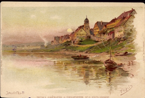 Artist Chromo-Litho Reiss, Fritz, Jagstfeld Bad Friedrichshall in Baden Württemberg, riverbank