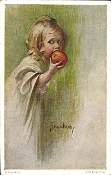 Artist Postcard Fahrenkrog, Ludwig, The Fall of Man, Child Eating Apple