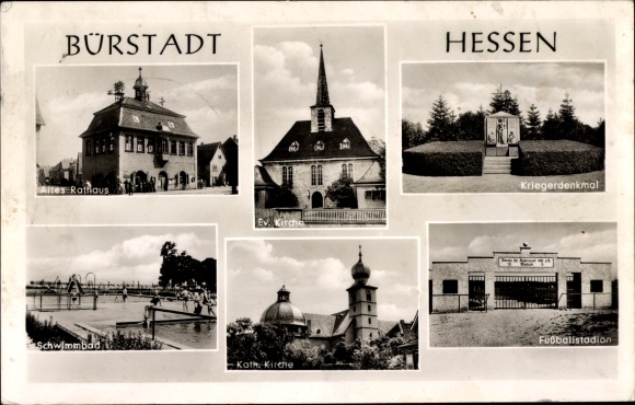 Postcard Bürstadt in Hesse, church, old town hall, swimming pool, football stadium, war memorial