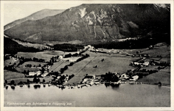 Postcard Fischhausen Schliersee in Upper Bavaria, aerial photograph, Fischhausen, Schliersee, mountains, water, La