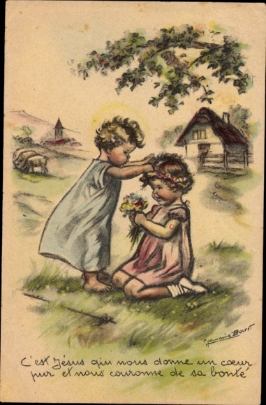Artist Postcard Bouret, Germaine, Children, Jesus who gives us a warm heart