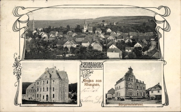 Postcard Rhaunen in the Hunsrück, general view, district court, mayor's office