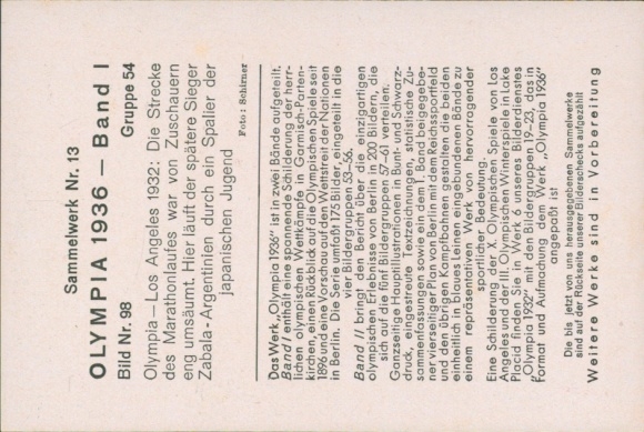 Collector's card Olympics 1936, Olympic Games Los Angeles 1932, marathon runner Zabala, Japanese youth