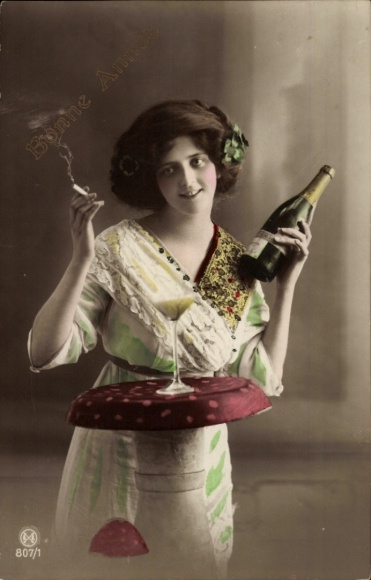 Photo Postcard Happy New Year, portrait, woman with cigarette and champagne bottle