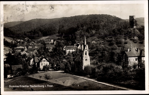 Postcard Tautenburg in Thuringia, city panorama with tower and church