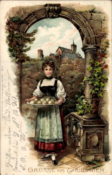 Präge Litho Grüße aus Bayern, Frau in Tracht, Klöße
