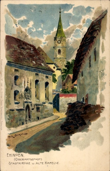 Kunstenaar litho Ehingen an der Donau, stadskerk en oude kapel