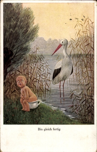 Künstler Ak Bin gleich fertig, Storch im See, Baby auf dem Töpfchen sitzend