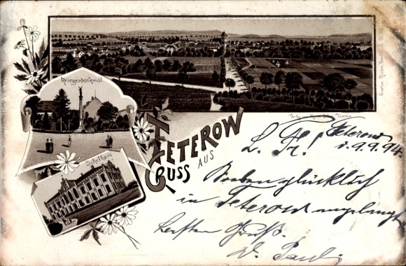 Prekursor lito Teterow w Meklemburgii, widok ogólny, pomnik wojenny, budynek szkoły