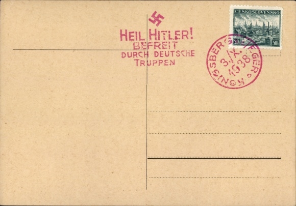 PC stamp Königsberg Eger 1938, Heil Hitler, Liberated by German troops, Sudetenland liberation