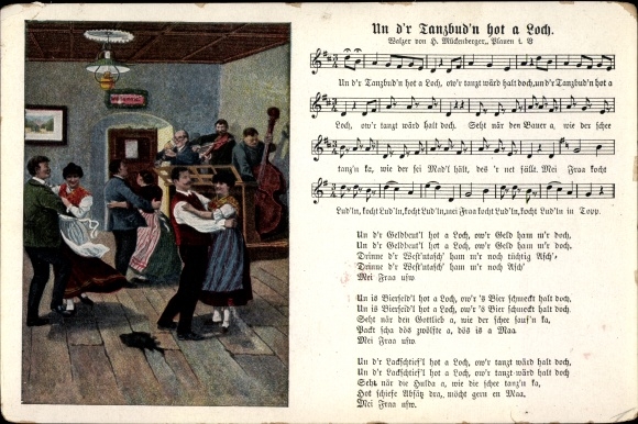 Song Postcard Mückenberger, Hilmar, Un d&#39;r Tanzbud&#39;n hot a Loch, dancing couples, musicians