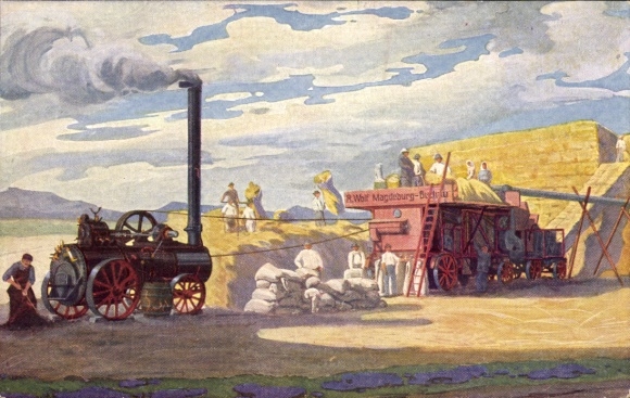 Künstler Ak Landwirtschaft, Dampfbetriebene Dreschmaschine, R. Wolf, Magdeburg Buckau