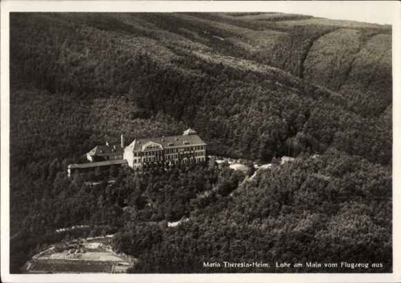 Postcard Lohr am Main Lower Franconia, aerial view of the Maria Theresia Home, wooded surroundings