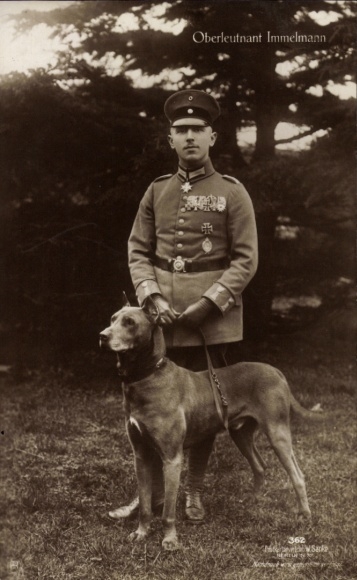 Ak Oberleutnant Immelmann, Uniform, Orden, Standportrait mit Hund, Sanke 362