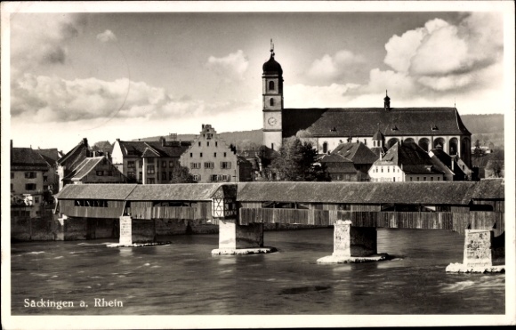 Postcard Bad Säckingen am Hochrhein, river, bridge, church, clouds, houses