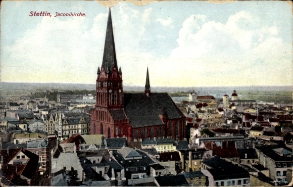 Postcard Szczecin Stettin Pomerania, Jacobi Church, view of the town