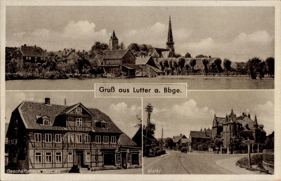 Postcard Lutter am Barenberge in Lower Saxony, partial view, Hermes commercial building, market